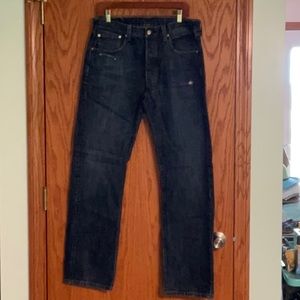 Levi’s 501 Button Fly Dark Denim Jeans 34 x 34 Red Tab Distressed